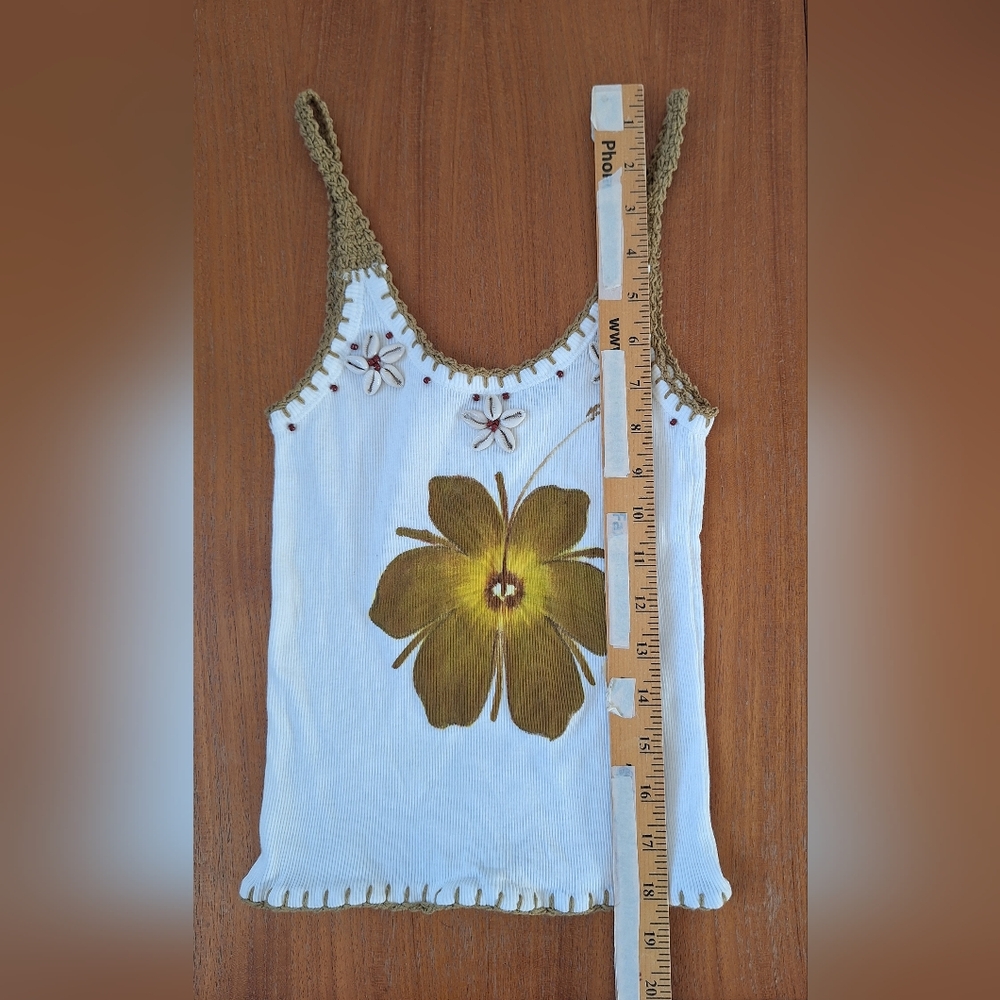 Hand Knit Tank Top Seashell Floral 100% Cotton Crochet Tropical Boho Beachy XXS - Picture 5 of 8